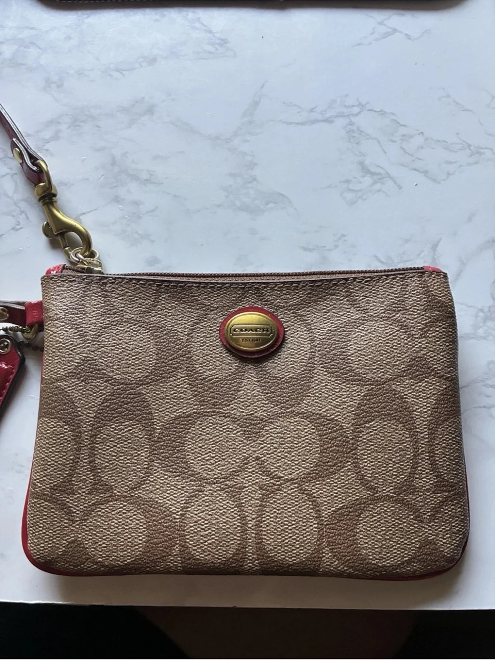 Coach Signature Canvas Wristlet in Khaki with Red Trim